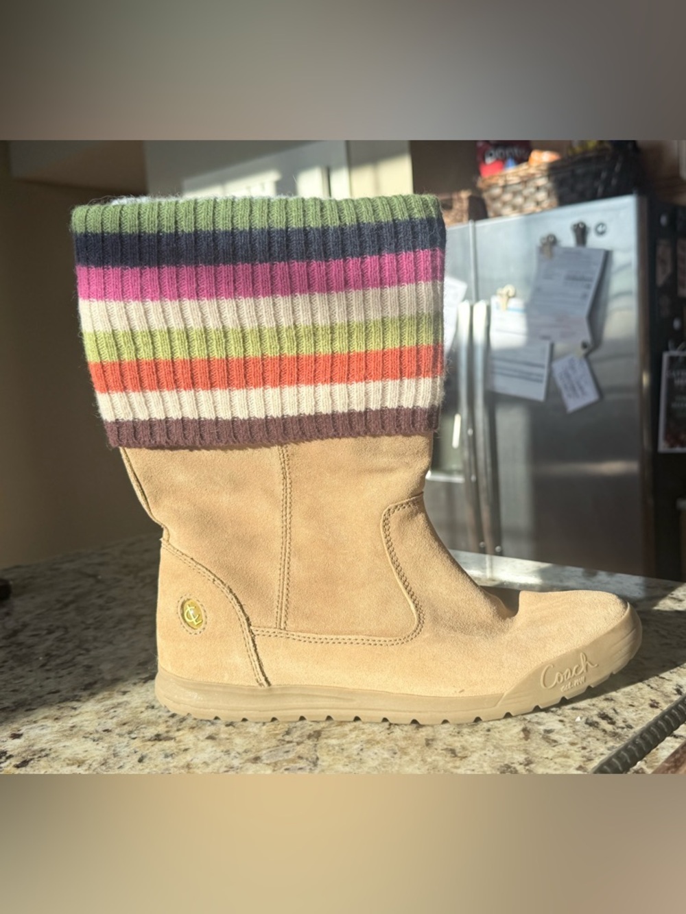 Coach Tan Suede Boot with Multicolor Striped Knit Cuff